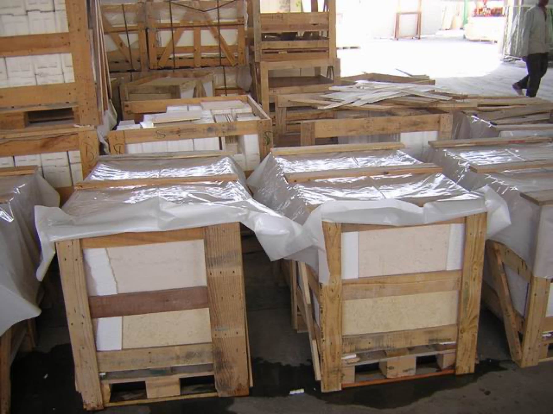 Pallets wrapped and braced on the factory floor